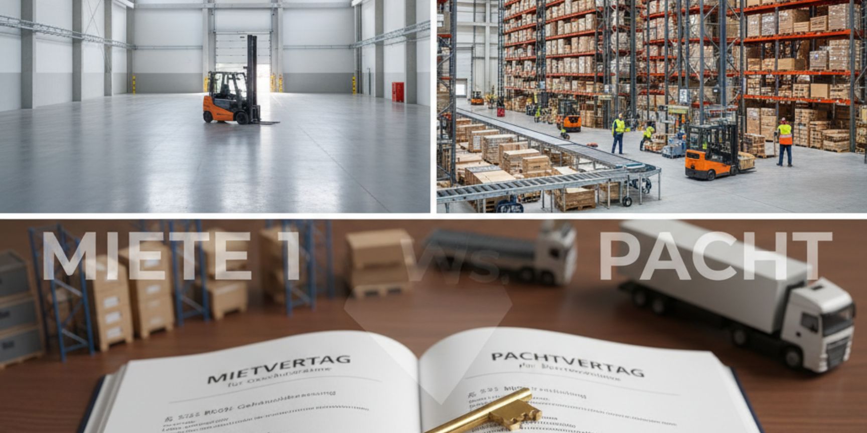 Moderne Logistikhalle mit Gabelstapler und Regalsystemen, die den Unterschied zwischen Miete und Pacht in der Lagerlogistik symbolisiert.